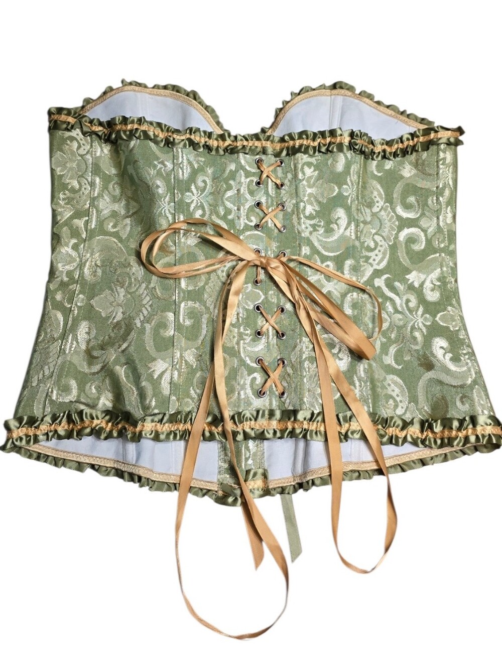 Green Brocade Damask Corset Top Ruffle Bustier Cottagecore - Picture 3 of 10